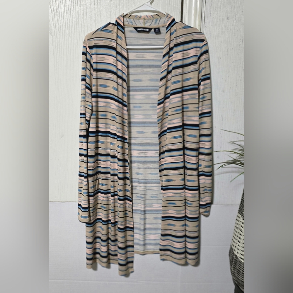 Lands' End Medium Open Front Duster Multi Color Jersey BOHO Chic
